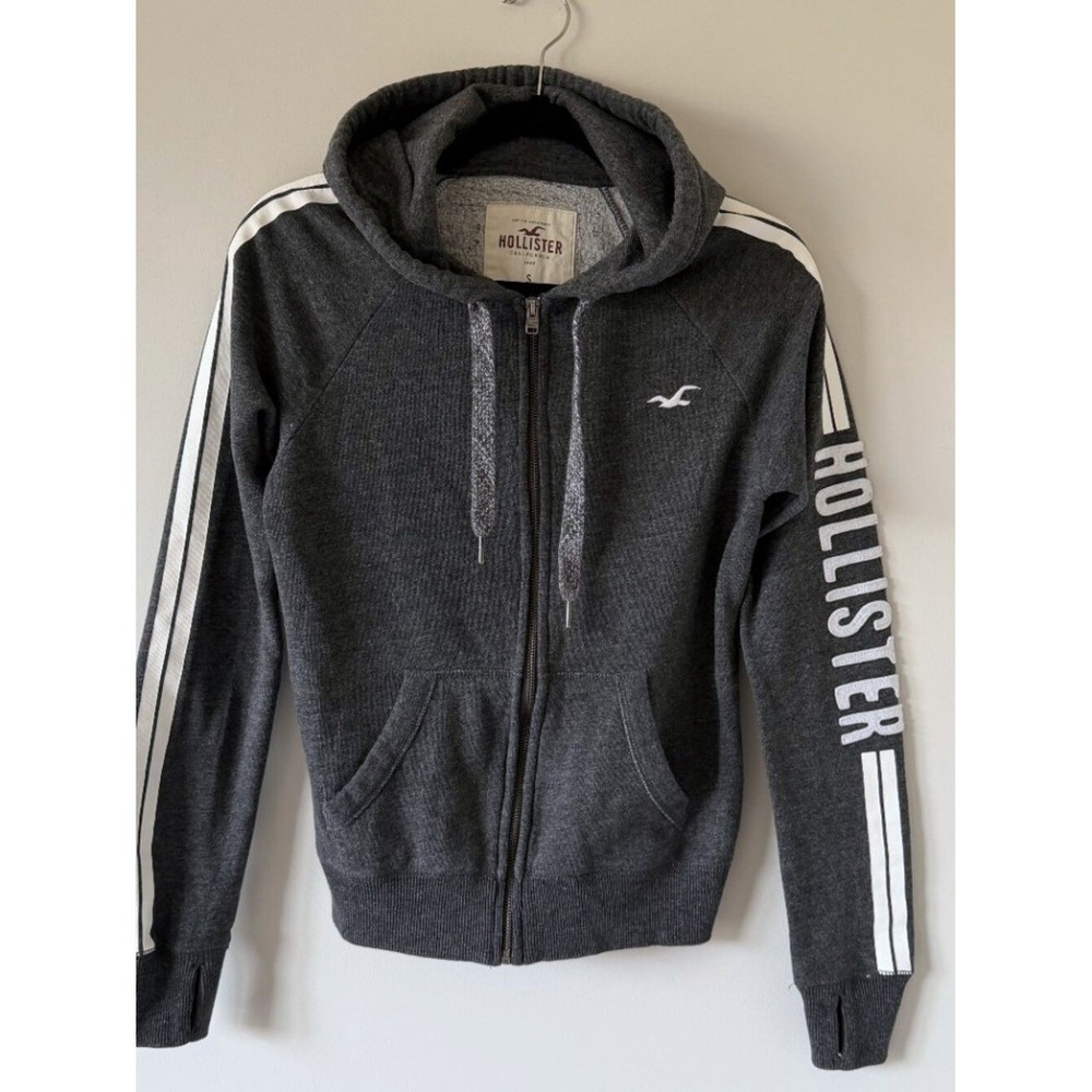 Hollister Gray Full Zip Hoodie Sweatshirt Logo Stripe Thumbholes Women S Cozy